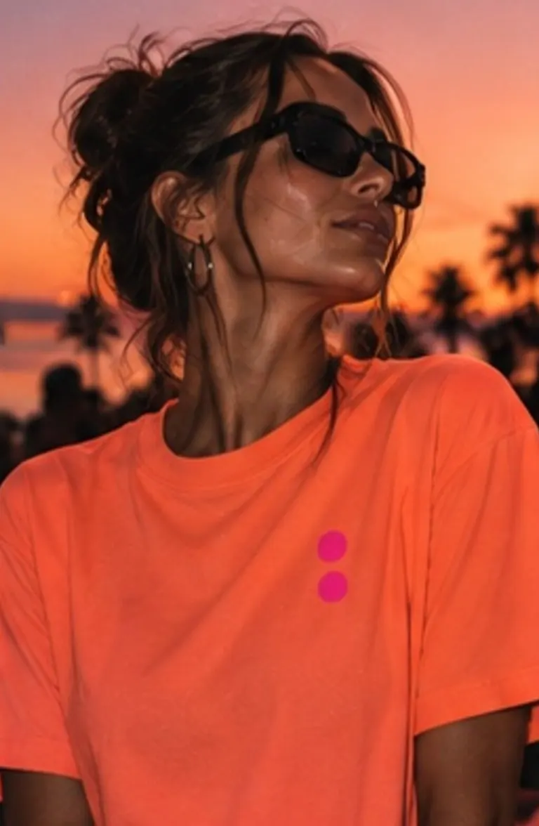 Camiseta naranja con los dos puntos al atardecer
